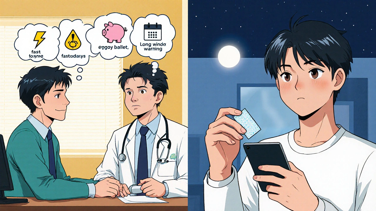 A man talks to a doctor while thinking of speed, cost, duration, and safety, then holds a film and a tablet.