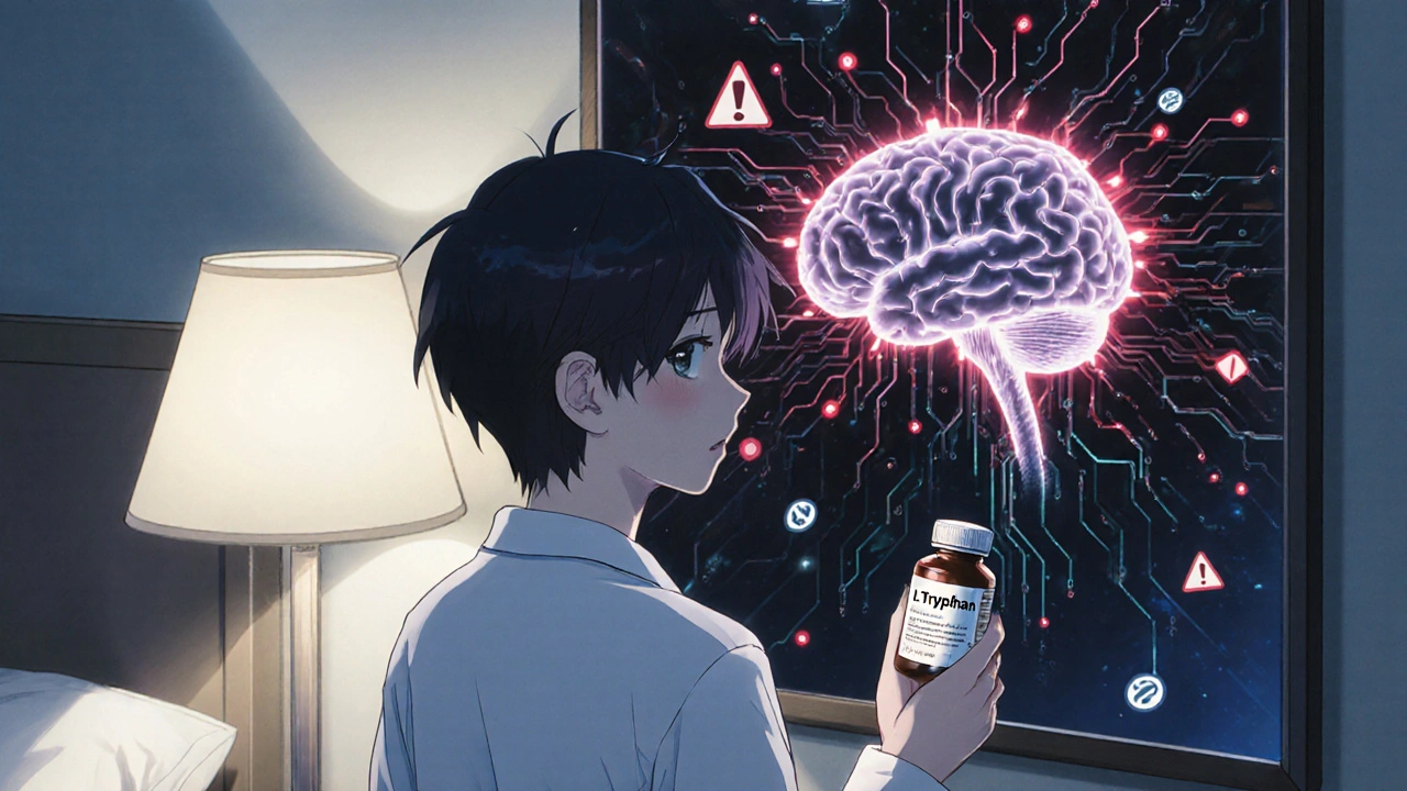 A person holding a tryptophan supplement, their reflection showing a chaotic, overcharged brain with red warning alerts flashing.