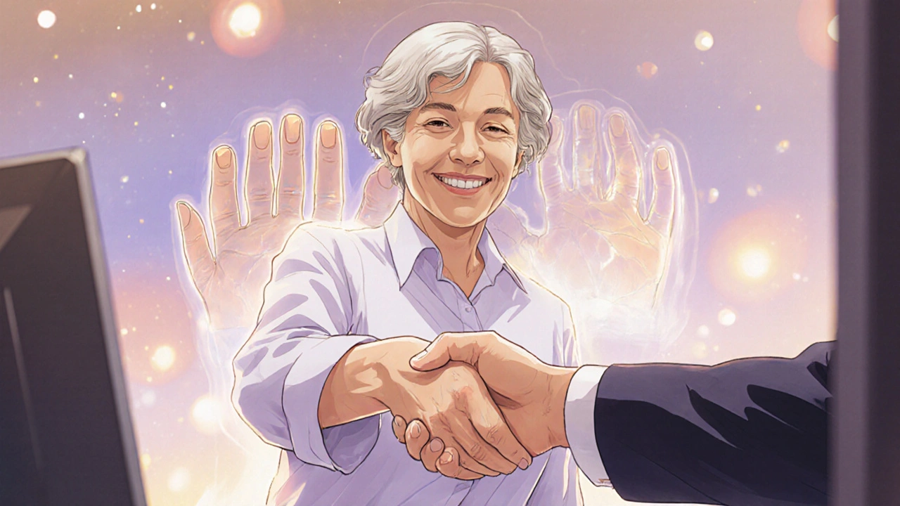 A woman shaking hands with healthy nails, ghostly images of damaged nails fading behind her.