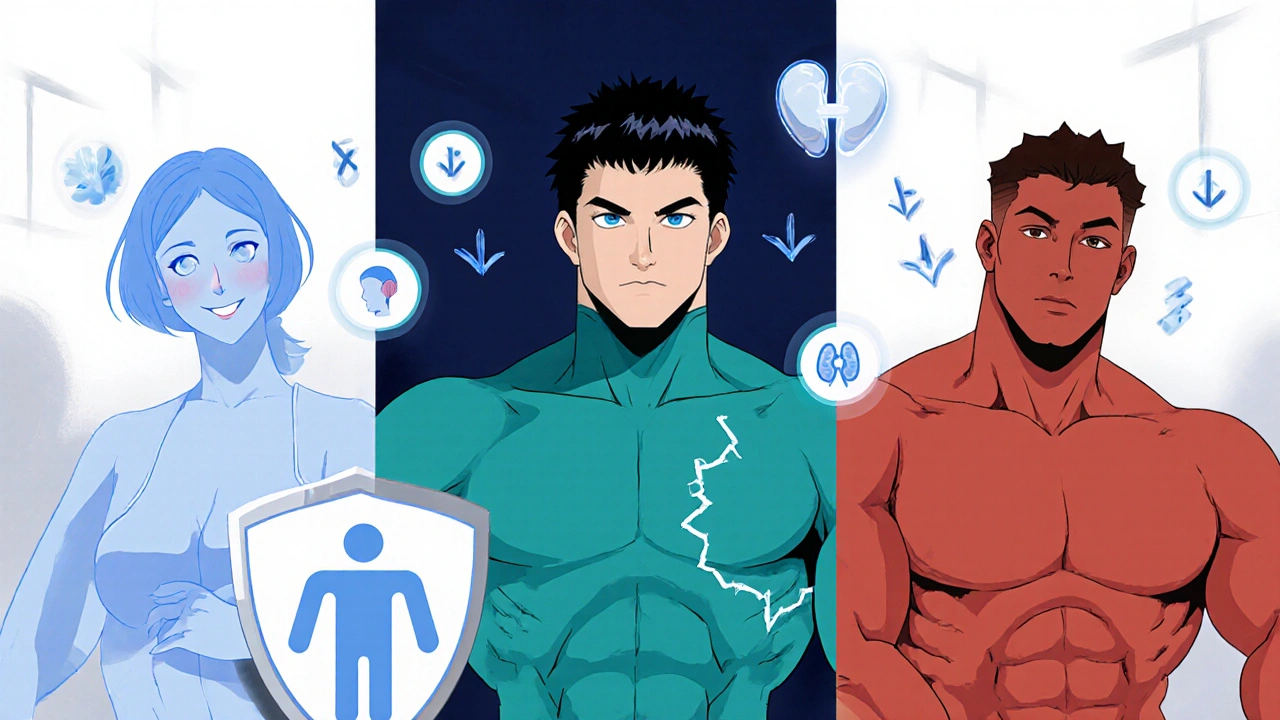 Anime characters representing Lamivudine, Tenofovir, and Zidovudine with efficacy and side‑effect icons.