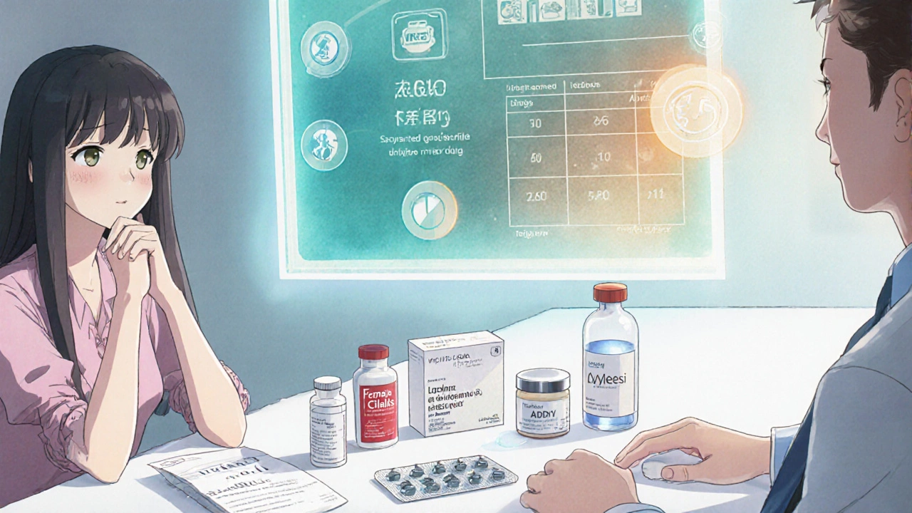 Anime clinic scene with a woman, doctor, and various sexual health treatments on a table.