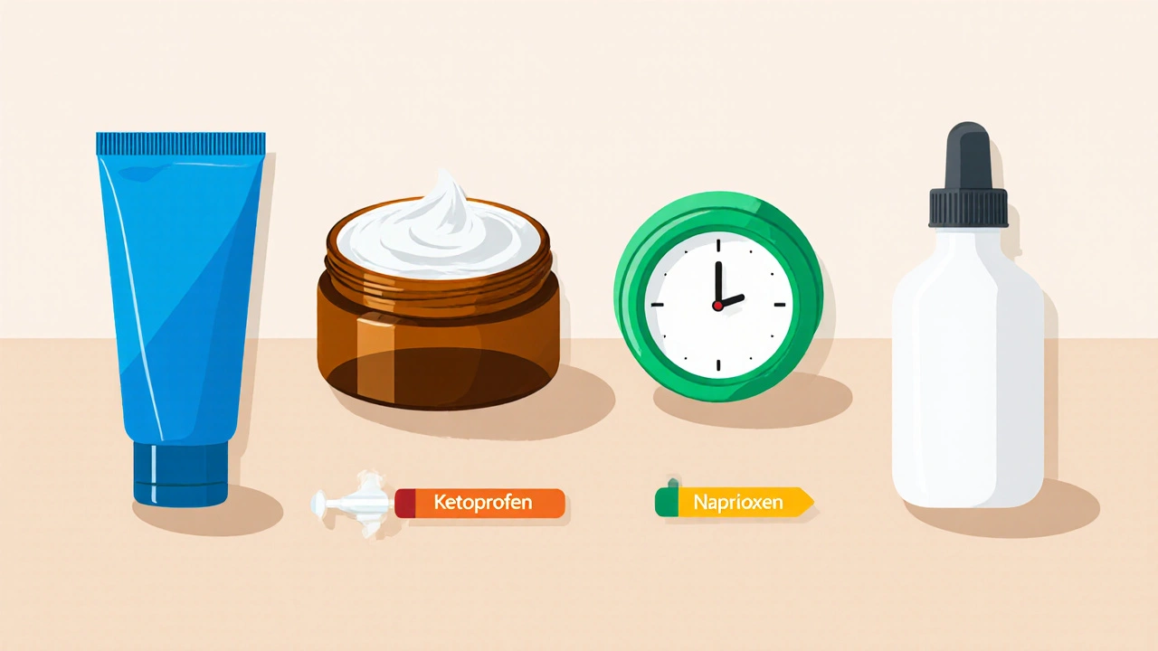 Assortment of topical NSAID containers displayed together with visual cues of onset and duration.