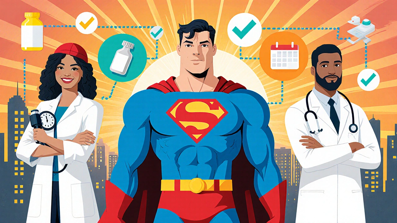 Azilsartan hero teams with dermatologist and cardiologist coordinating treatment steps.