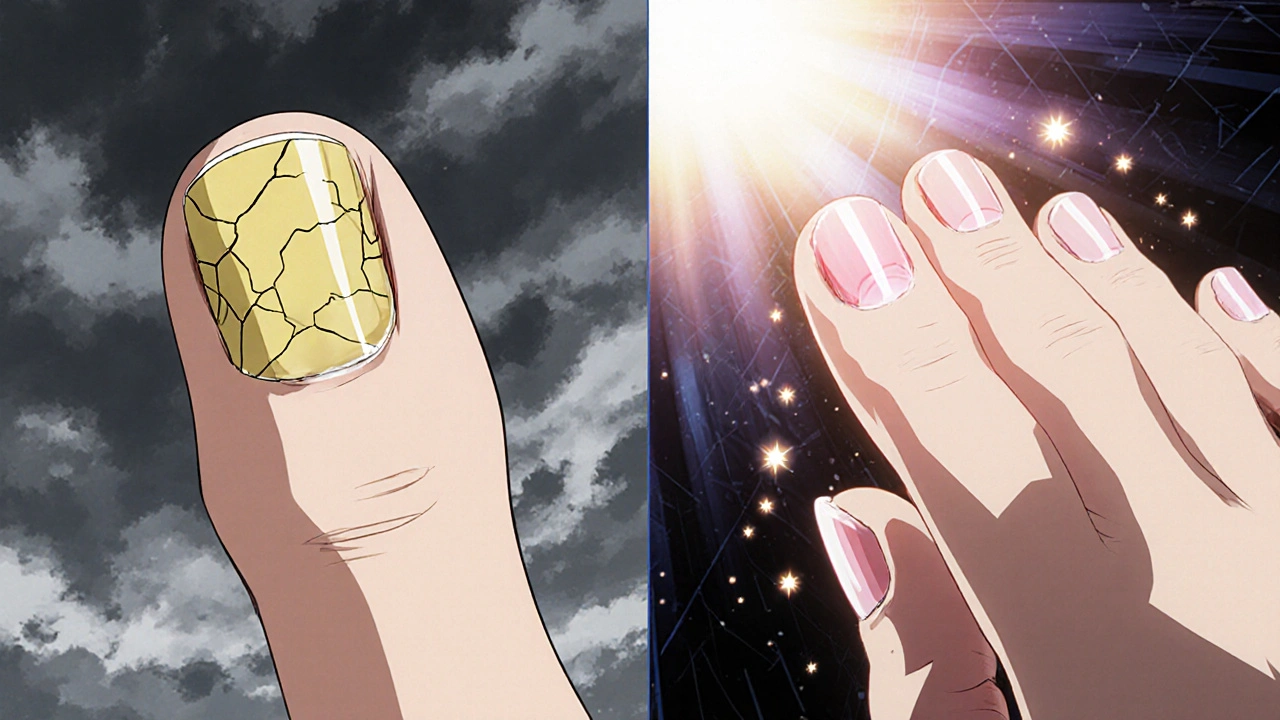 Before and after view of a psoriasis-affected nail transforming from cracked and yellowed to smooth and healthy.