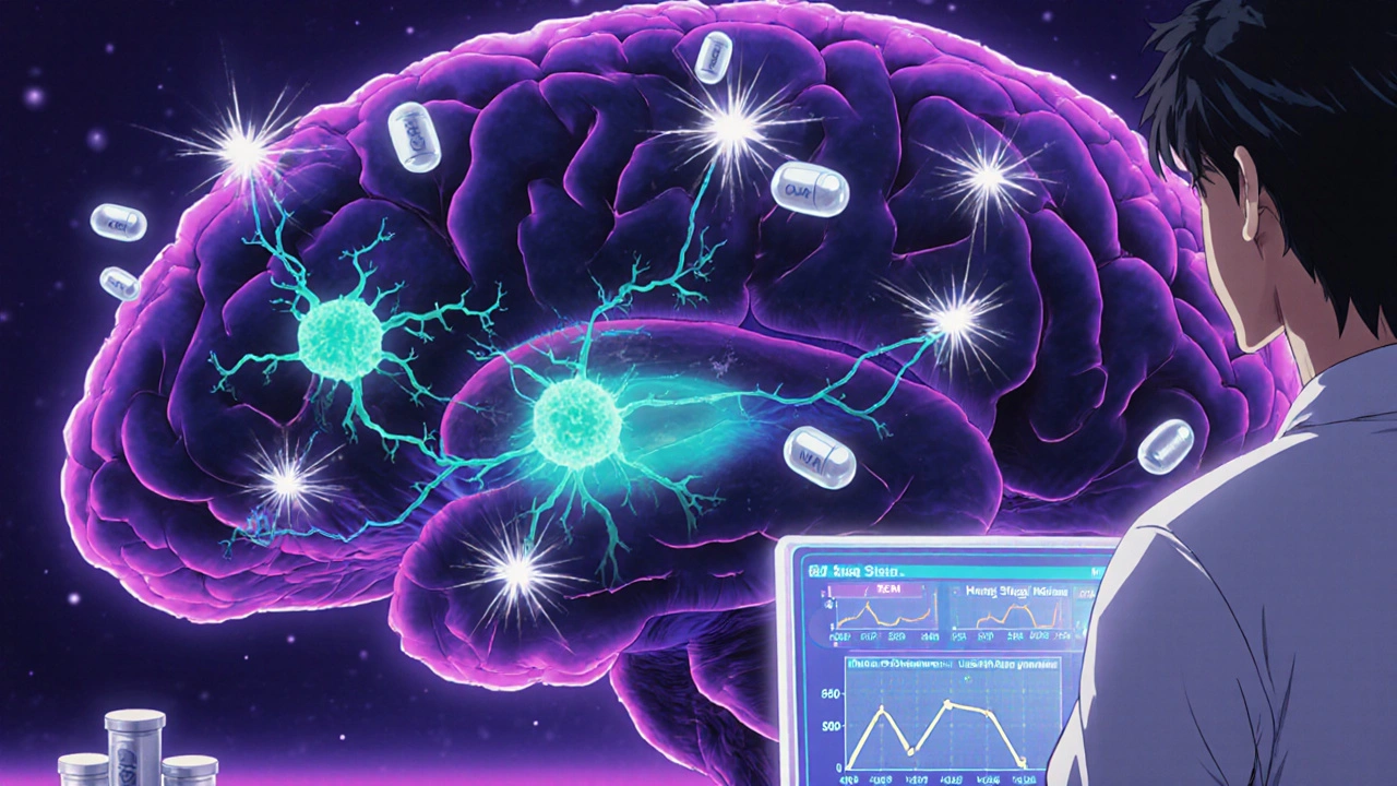 Brain cross-section highlighting hypocretin neurons and aspirin molecules inhibiting COX enzymes.