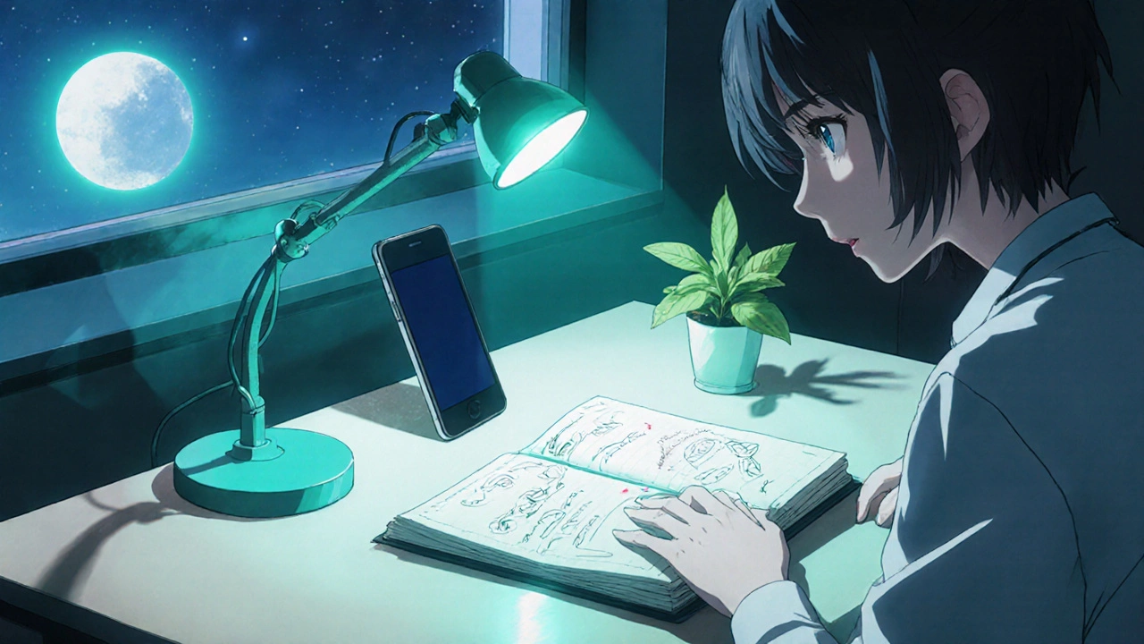 Character at a desk with a journal, darkened phone, and moonlit plant, showing digital limits.