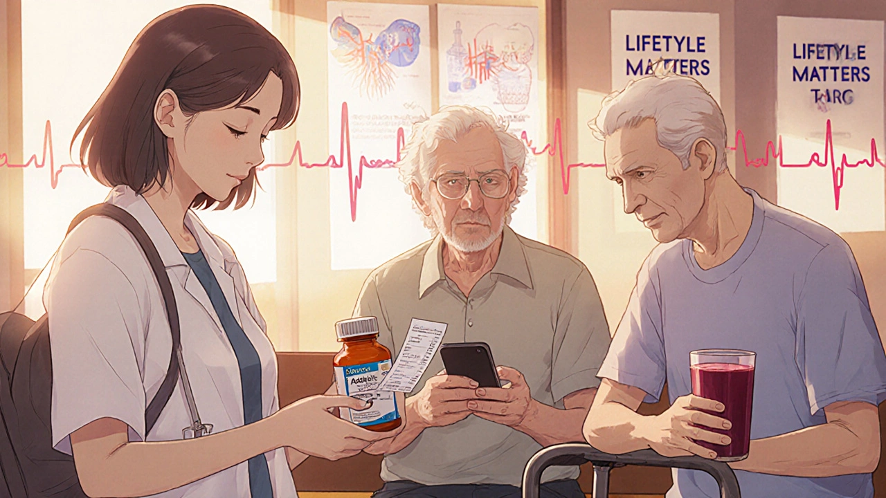 Diverse patients in clinic swapping meds, one smiling with low-cost pill, others relaxed with healthy habits.