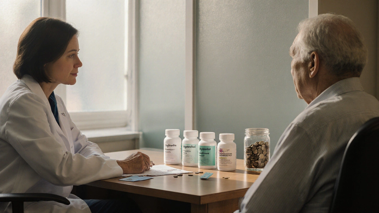 Doctor and patient discussing medication options with pill bottles on a desk.
