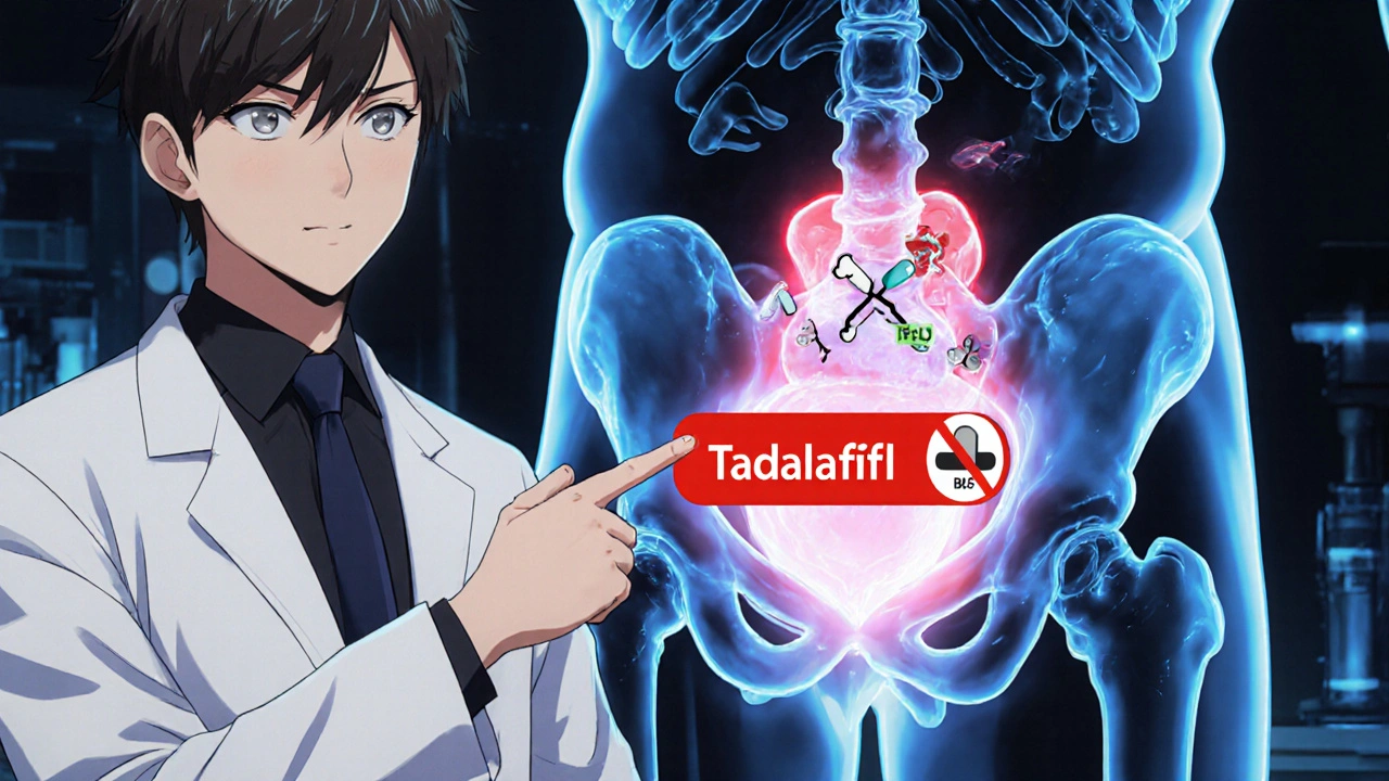 Doctor pointing to glowing blood flow in stylized anatomical diagram.