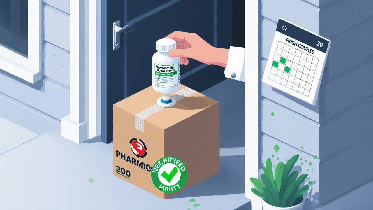Hand opening a delivery box containing generic amoxicillin with a verification checkmark.