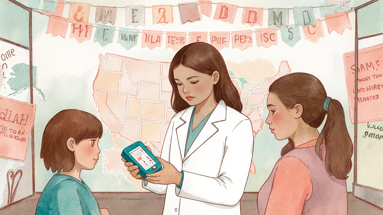Health fair booth where a medical professional shows HLA-typing to a teen and family, illustrating donor education.