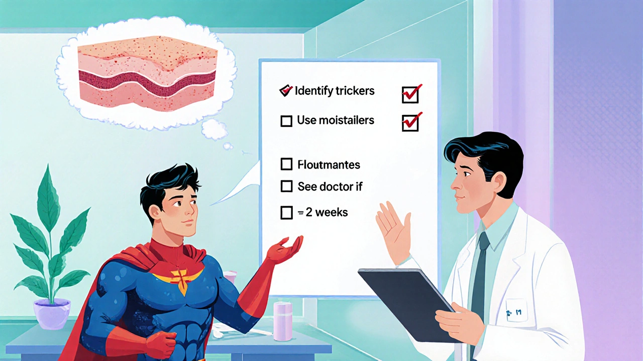 Hero consults dermatologist beside a checklist of skin-care steps.