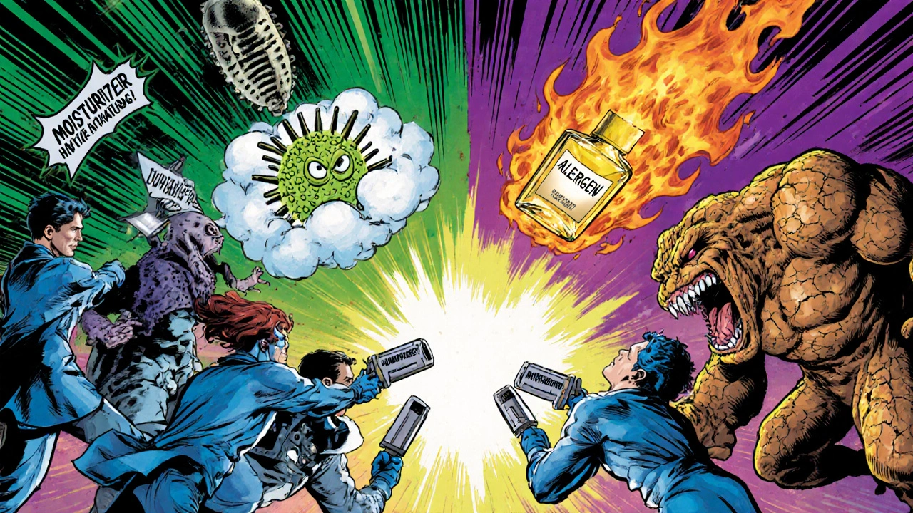 Hero doctors battle cartoon villains representing bacterial, allergic, stress, and dry-skin triggers.