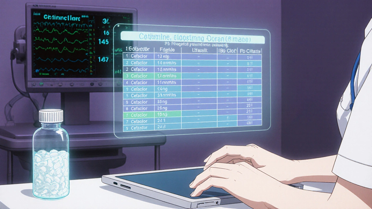 Holographic dosage table shows Cefaclor renal adjustments beside a vial of tablets.