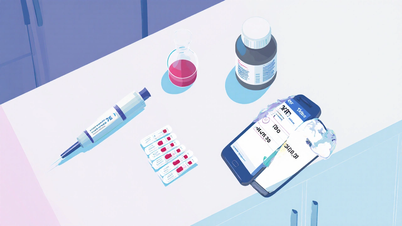 Home INR testing kit with lancet, test strips, and smartphone showing results.