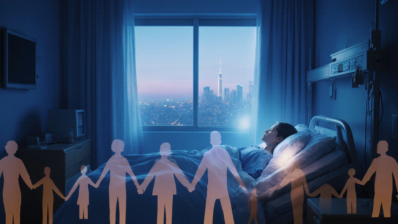Hospital room at dusk showing a recovering transplant patient with a glowing overlay of supportive community silhouettes.