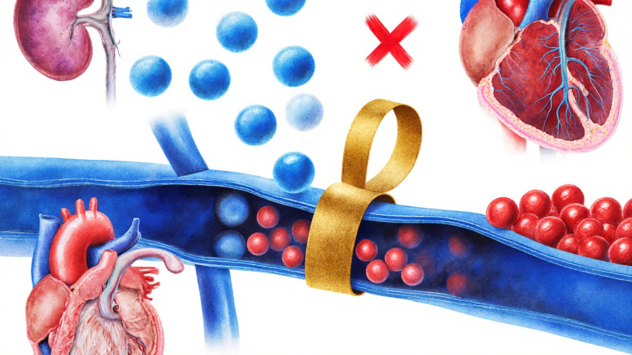 Illustration of ACE enzyme blocked, showing relaxed artery and kidneys.