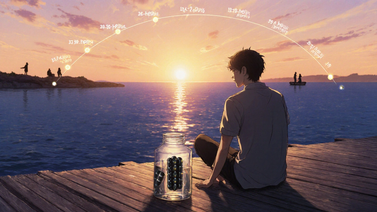 Man on dock at sunset with a black pill bottle and a glowing timeline arc.