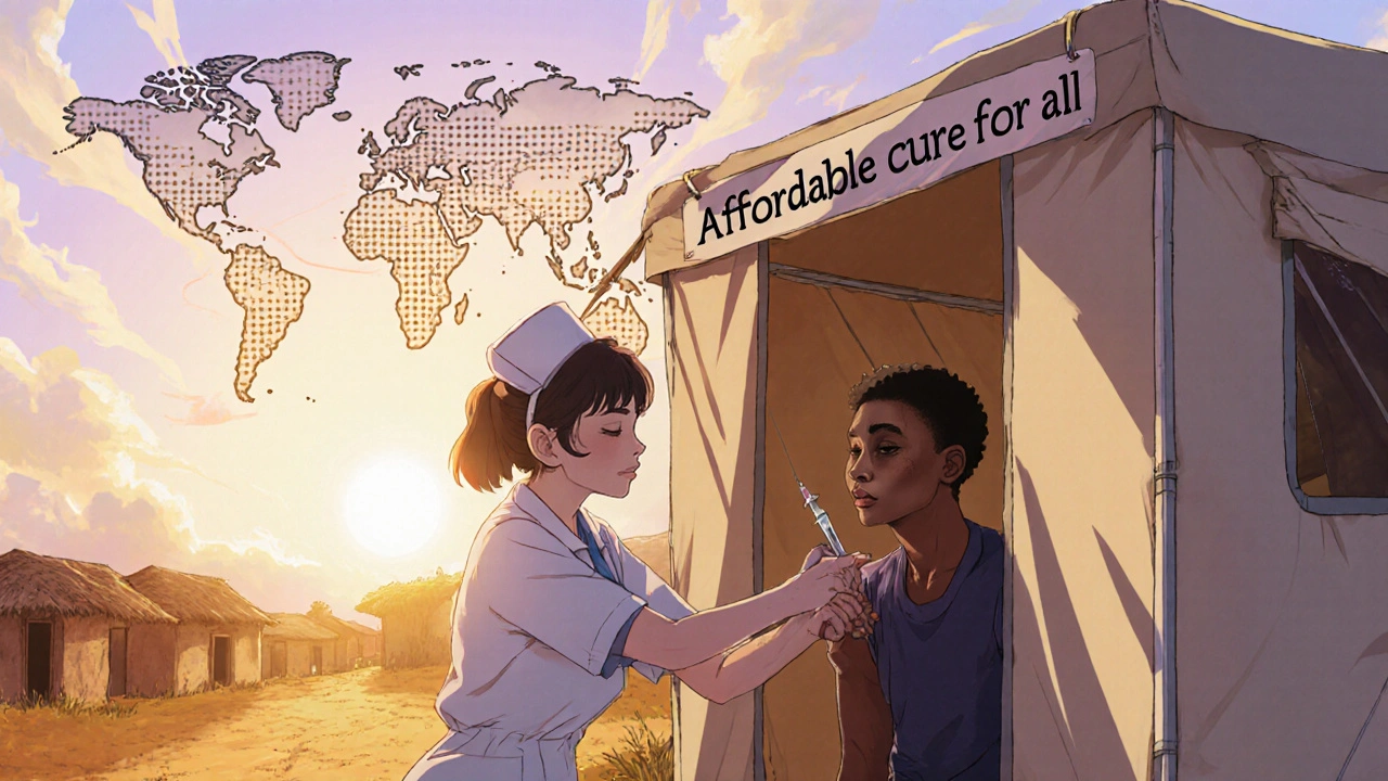 Mobile clinic nurse gives single injection to patient in remote village at sunrise.