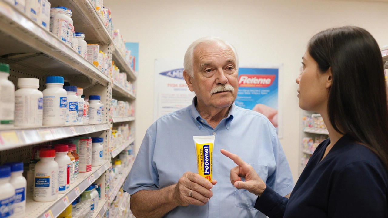 Patient discussing topical and oral NSAID options with pharmacist in a pharmacy.