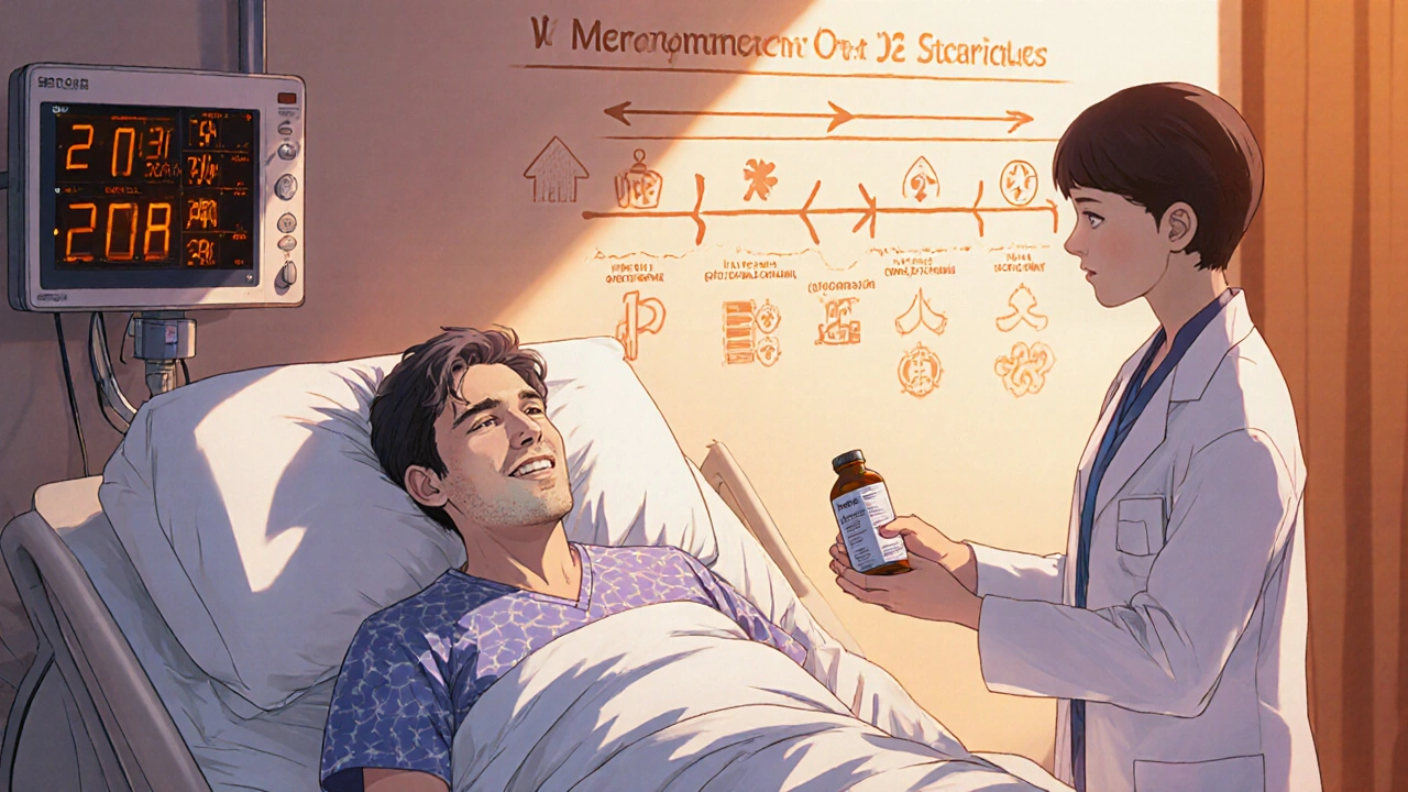 Patient on ventilator improves as doctor gives oral Cefaclor, with treatment timeline displayed.