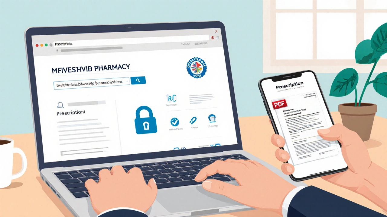 Person uploading prescription on a secure pharmacy website on a laptop.
