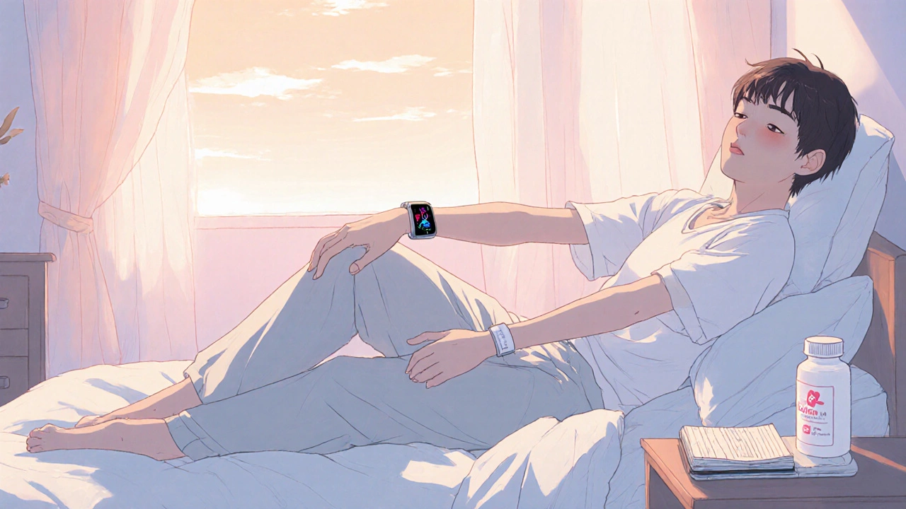 Person waking refreshed in sunrise bedroom with aspirin bottle and sleep tracker on nightstand.