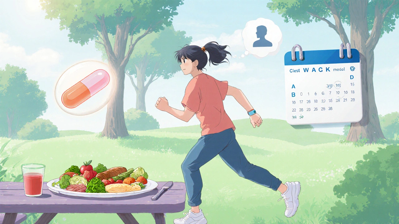 Person walking after a balanced meal, using Linagliptin, in an optimistic anime scene.