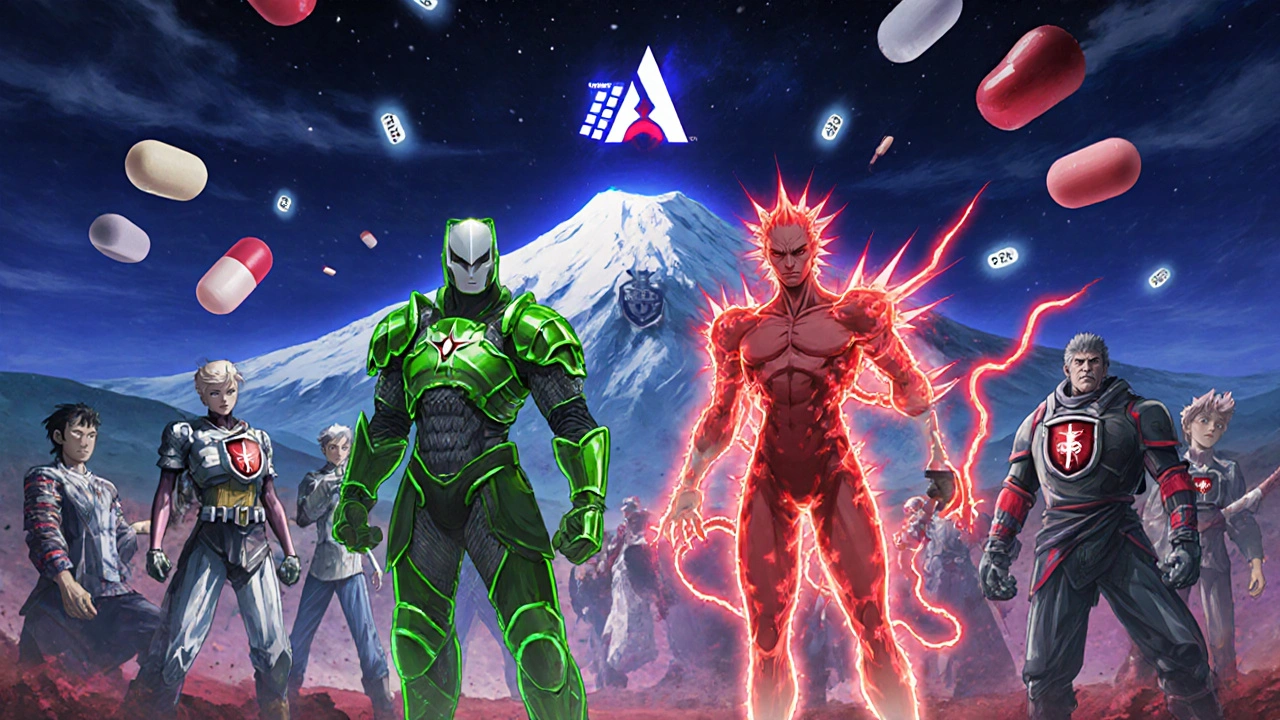 Pill warriors battling on a medical chart battlefield with kidney shields and heart logo in background.