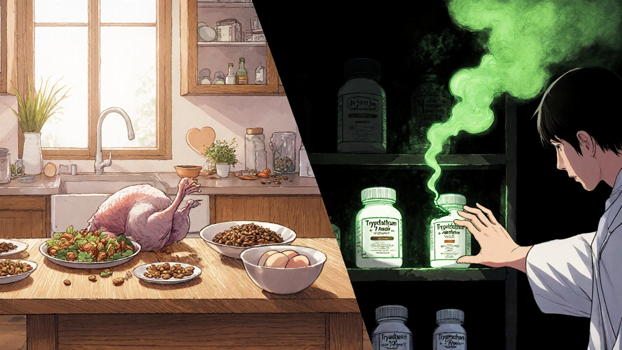 Split scene: warm healthy foods on one side, toxic supplements emitting green smoke on the other, a doctor stopping someone from taking them.