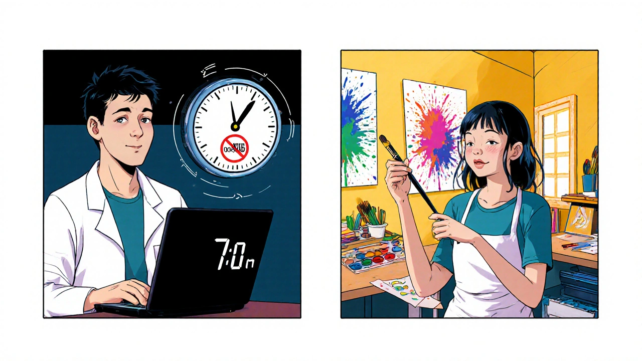 Two scenes: ending work messages at 7 p.m., then painting happily in a colorful studio.