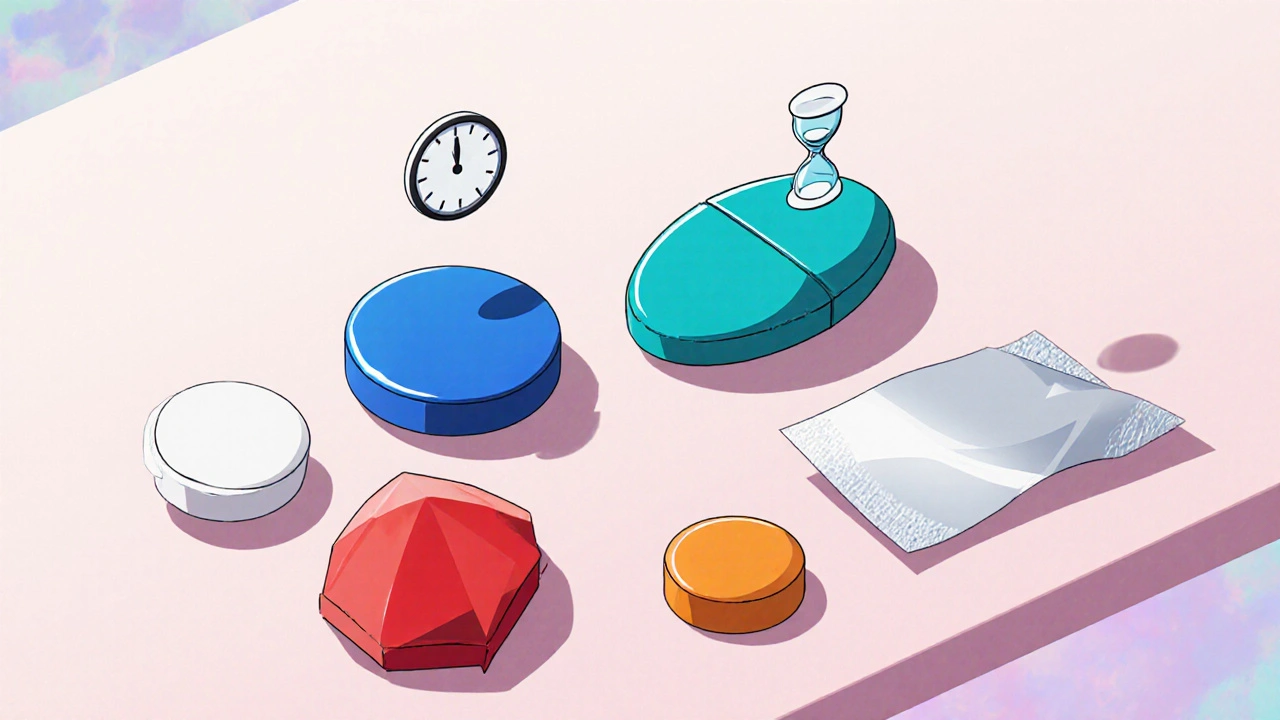 Various colored pills and a film are arranged on a table with subtle clock and hourglass symbols.