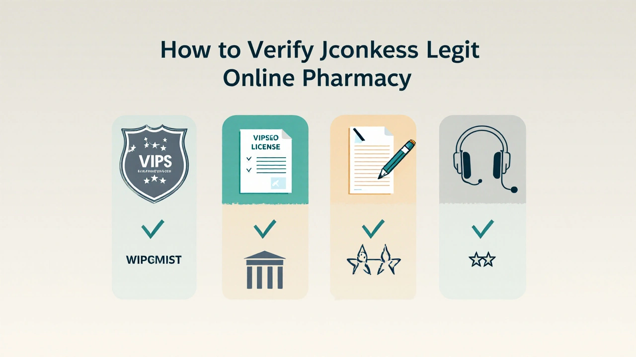 Vector checklist icons for verifying an online pharmacy&#039;s legitimacy.