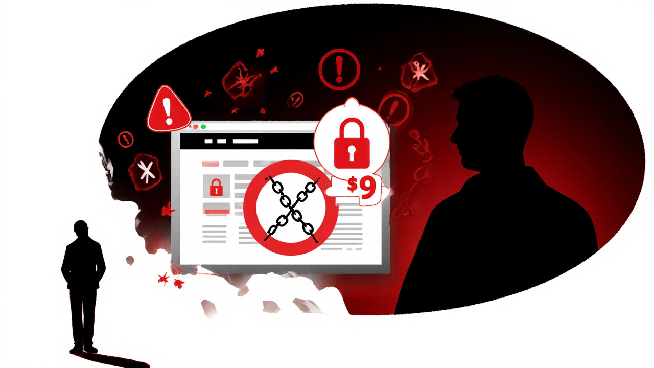 Warning illustration showing red flags like missing lock and ultra‑low price for online drugs.