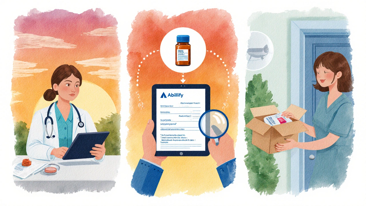 Watercolor scene of telehealth, ordering, and receiving generic aripiprazole.