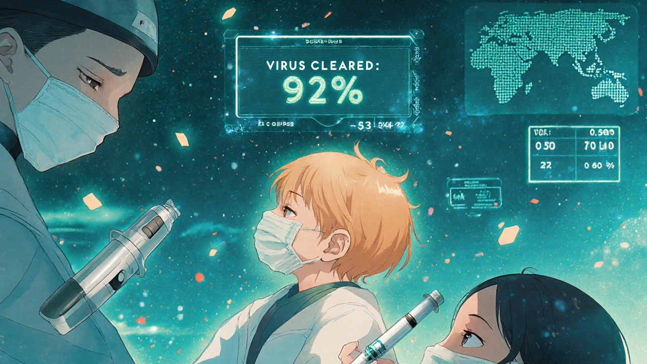 A child receiving a needle-free injection as holographic cure data glows above.