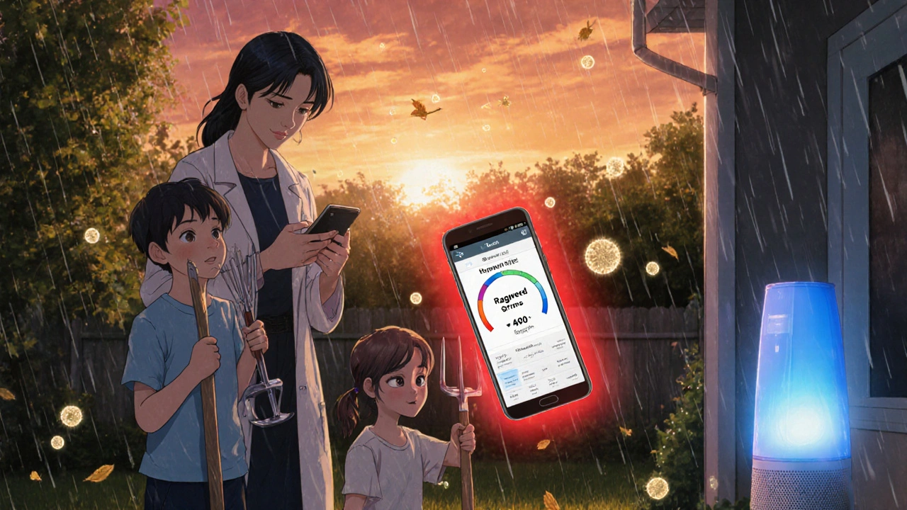 A family hesitating to garden at sunset as a high ragweed pollen alert glows on a phone.