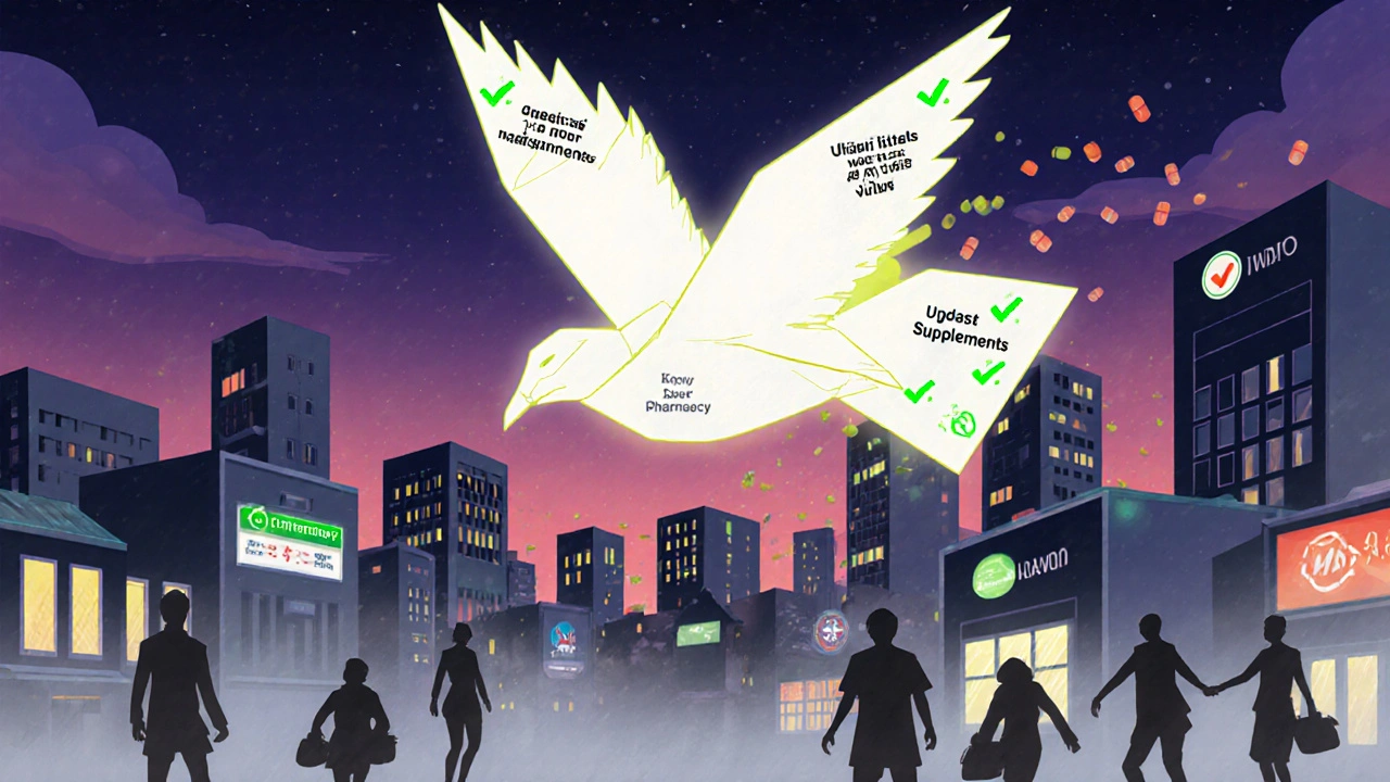 A glowing origami bird made of medication safety tips flying from a wallet over a city, leaving green checkmarks behind.