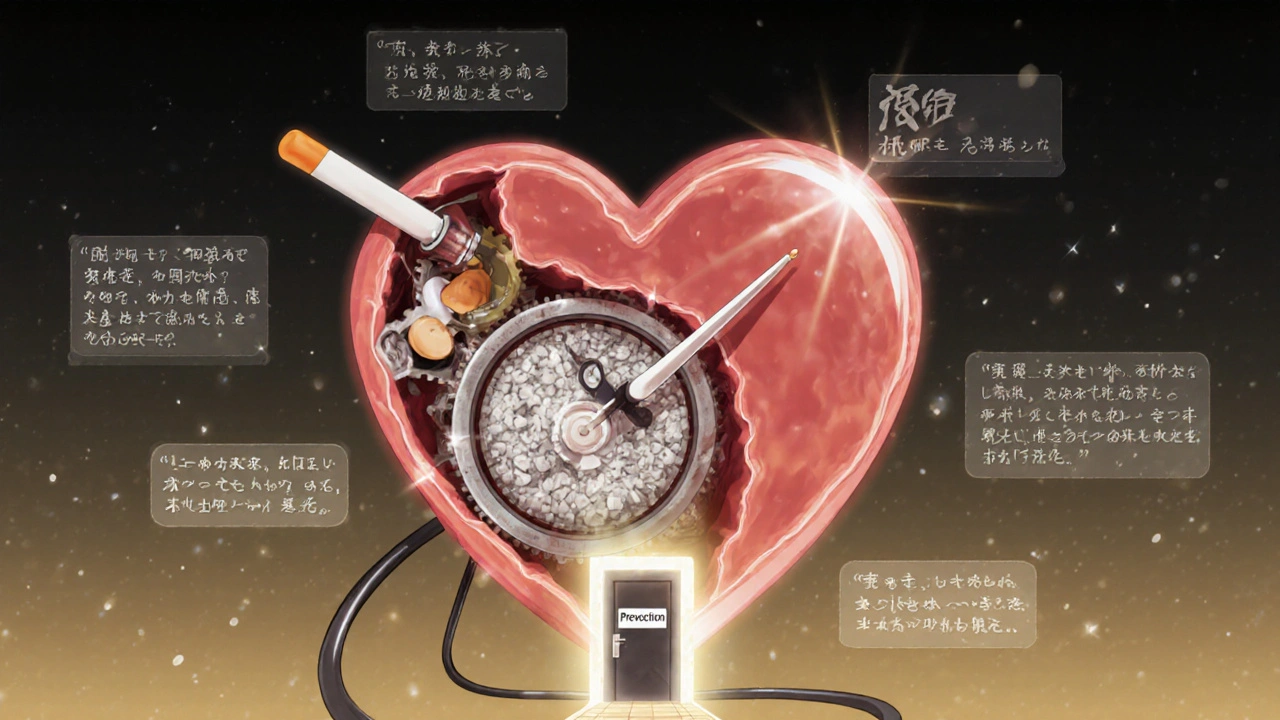 A heart-shaped clock reversing time as unhealthy habits disappear, replaced by a path to prevention.