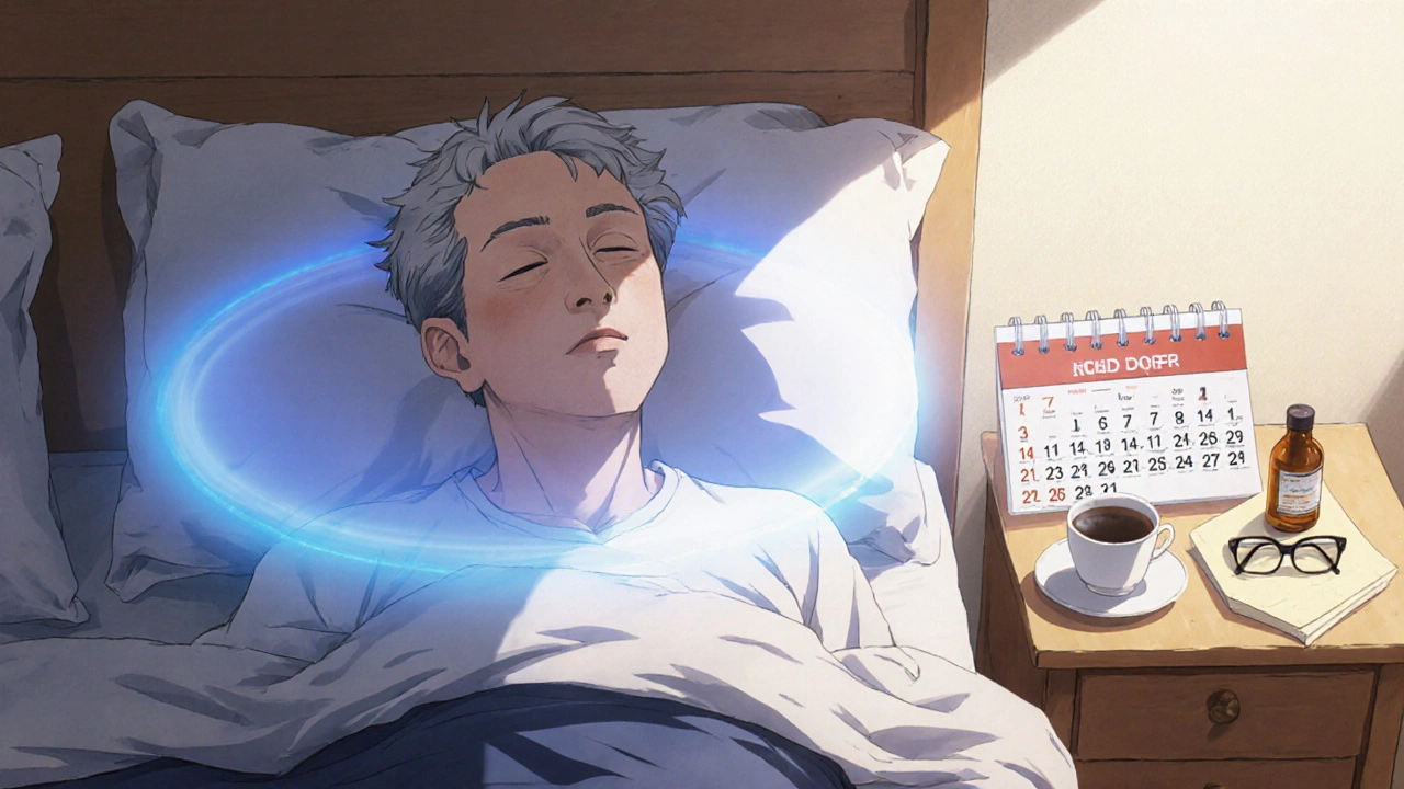 A man wakes up peacefully, tadalafil's lasting effect symbolized by a soft blue aura, no pills needed all week.