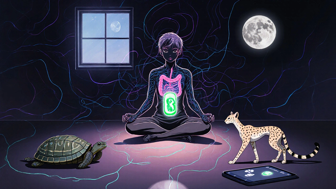 A meditating person with neural pathways linking brain and gut, tamed by a peppermint capsule and calm moonlight.