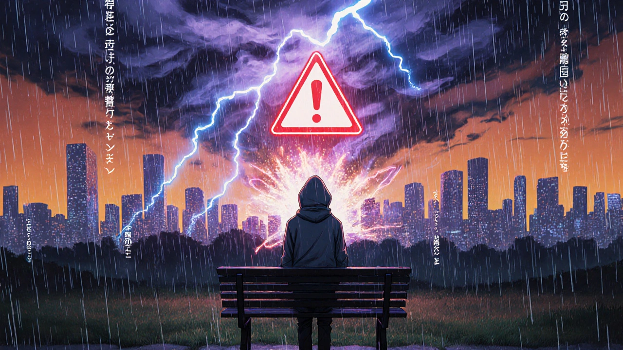 A person standing still during a thunderstorm as invisible pollen particles swirl dangerously in the air.