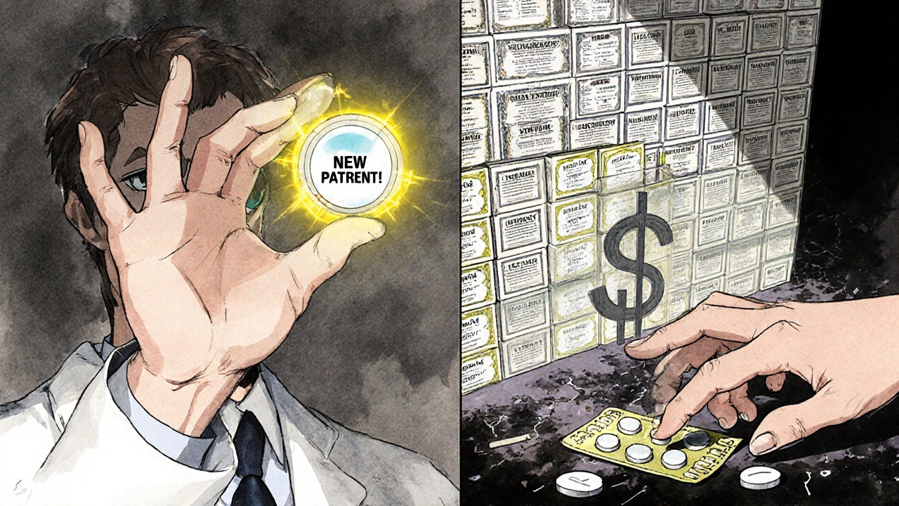 A scientist holds a tiny new pill coating while a wall of 247 patents blocks discarded generic pills.