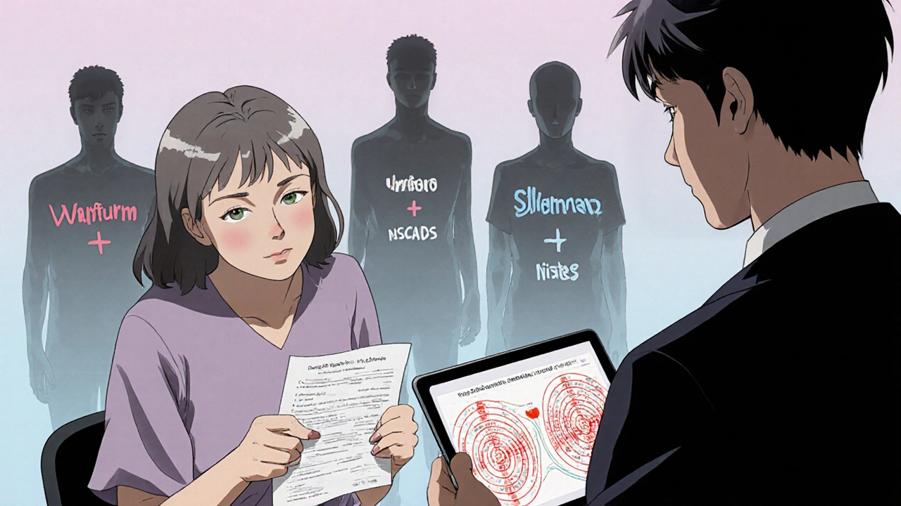 A woman in a doctor’s office showing a medication list while dangerous drug interactions appear as ghostly shadows behind them.