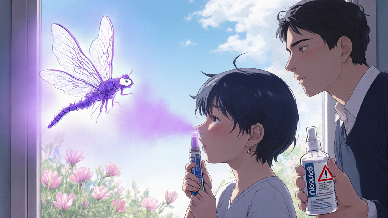 Child using AQ nasal spray as a dragonfly spirit soothes nasal passages, father watches relieved.