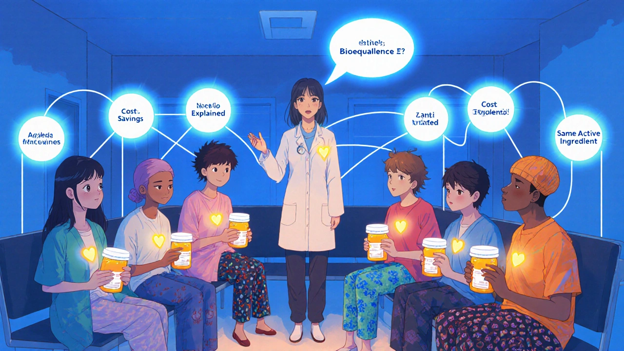 Diverse patients connected by glowing educational lines to a clinician.