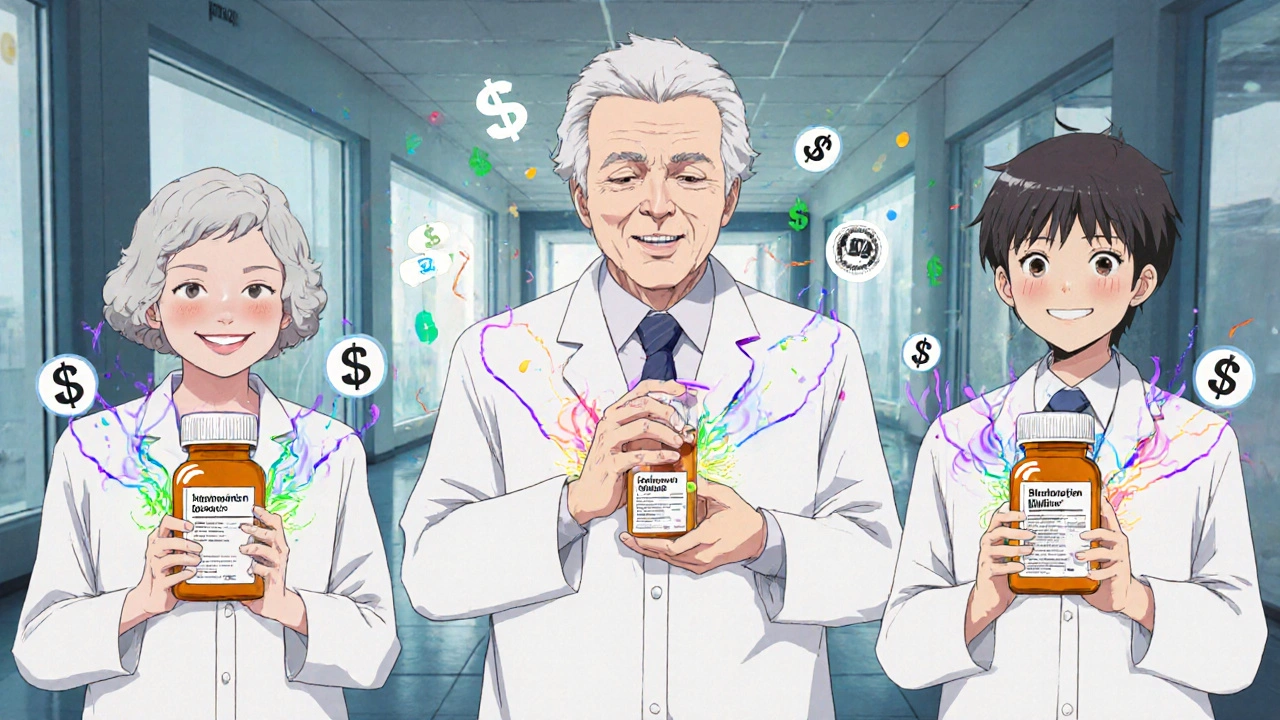 Diverse patients smiling with prescription bottles, surrounded by symbols of cost savings and health stability.