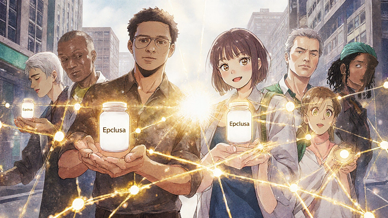 Diverse people receiving a cure pill, with light connecting them across continents.