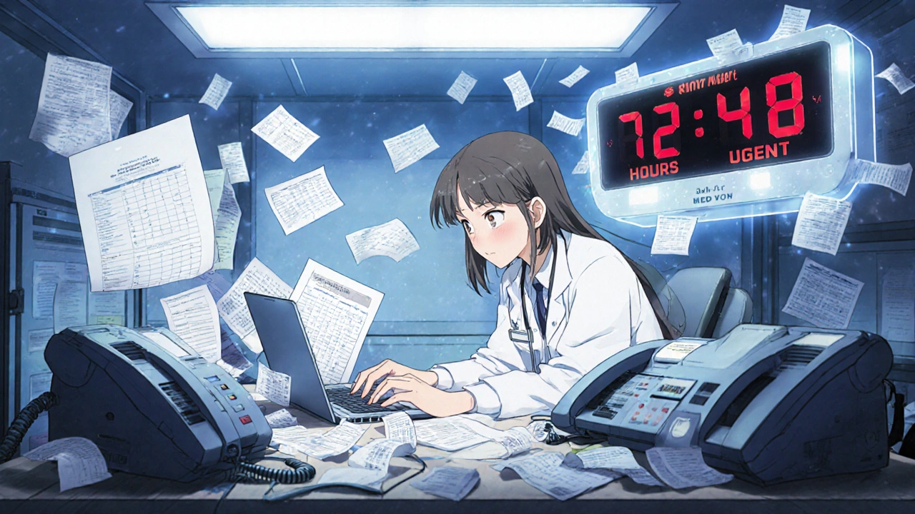 Doctor overwhelmed by digital forms and countdown timer while trying to submit urgent prior authorization.