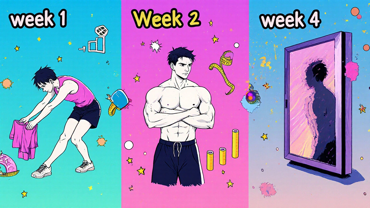 Four-week progress montage showing physical transformation through body language.